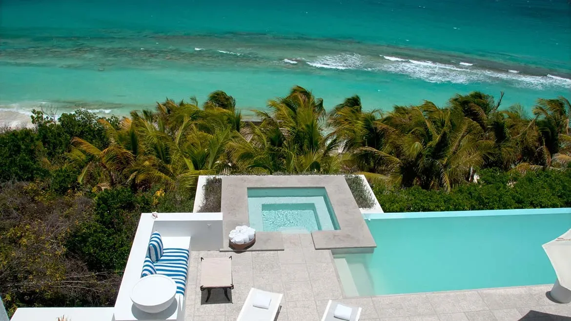 High-angle view of a white terrace with a plunge pool and infinity pool overlooking palm trees and the turquoise ocean.