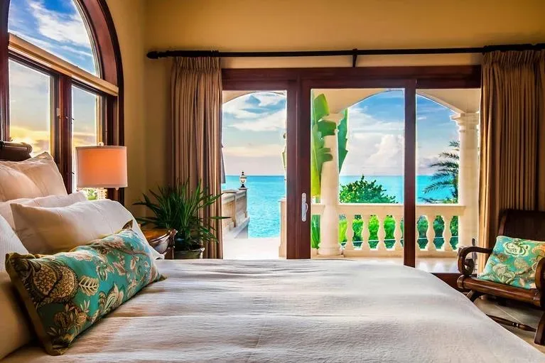 A bright bedroom with white bedding and teal decorative pillows, with open-concept access to a balcony with ocean views.