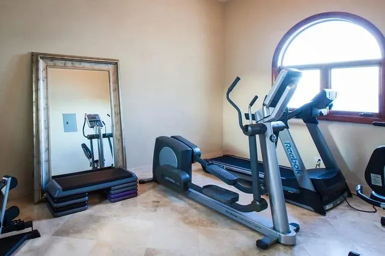 Home gym equipped with a Reebok treadmill, elliptical trainer, and a full-length mirror.