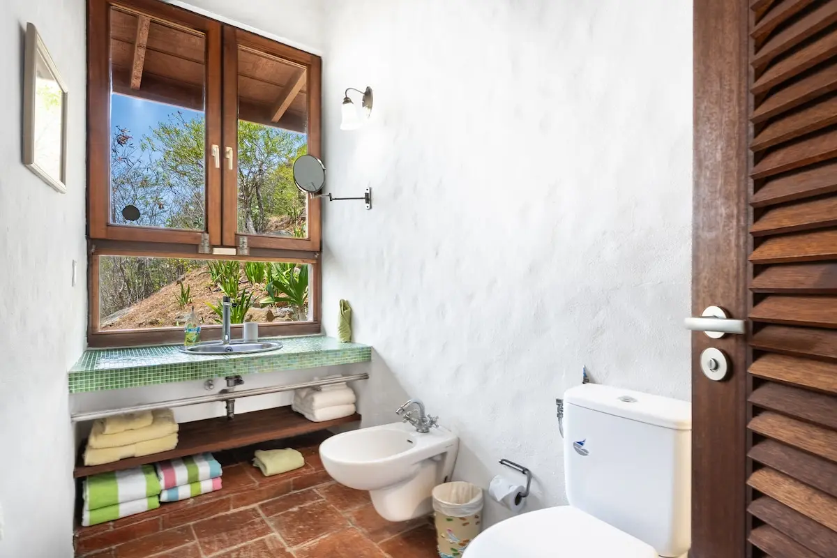 Guest bathroom with wood vanity and garden view.