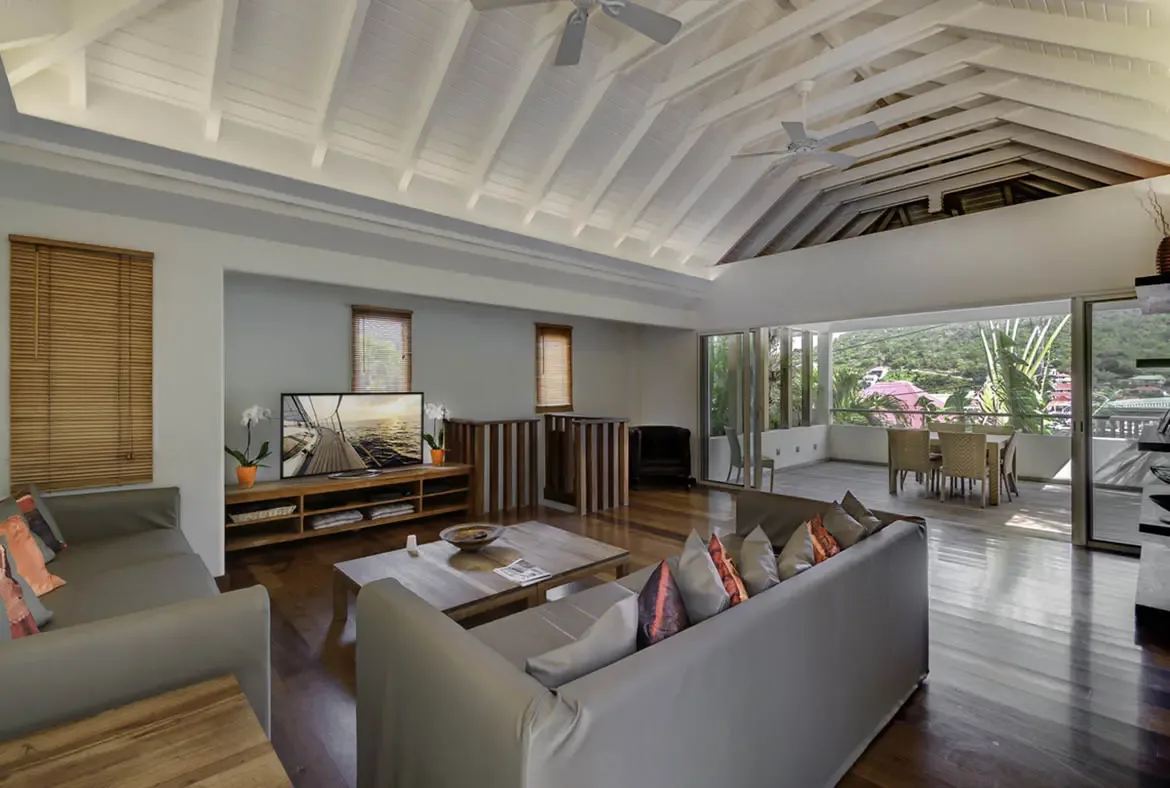 Two sleek grey sofas with burnt-orange pillows face a wooden TV console under vaulted white rafters, while open doors reveal a terrace dining set and rolling tropical hills beyond.