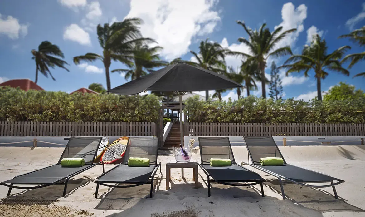 Four beach loungers with lime-green towels and a champagne ice bucket sit on pristine sand, with paddleboards ready by the fence and palm trees overhead.