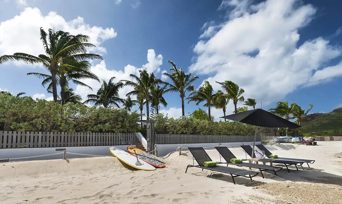 Paddleboards lean against a white fence beside beach loungers with green towels, while palm trees frame a brilliant Caribbean sky and turquoise water.