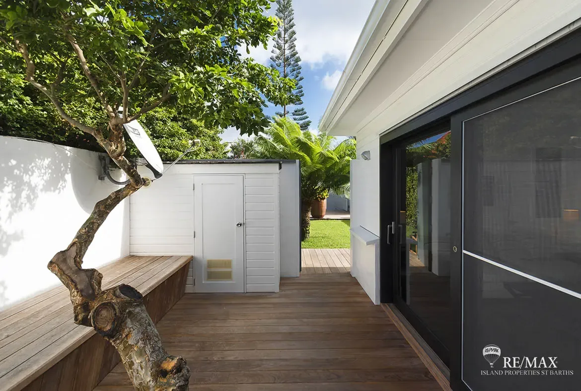 A built-in wooden bench sits beneath a gnarled tree beside white walls, where a glass door opens to a path of green lawn and a towering palm under a deep blue sky.