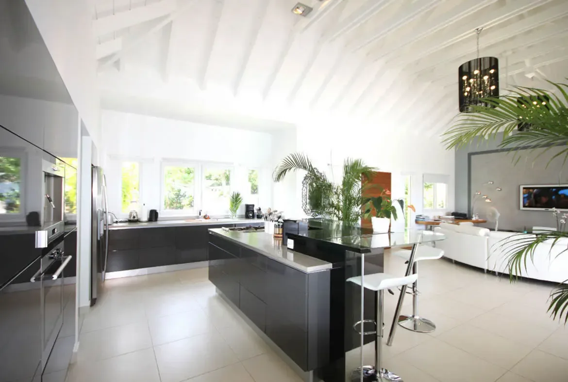Culinary excellence meets modern style in the professional-grade kitchen, featuring a sleek dark island and an open-concept flow.
