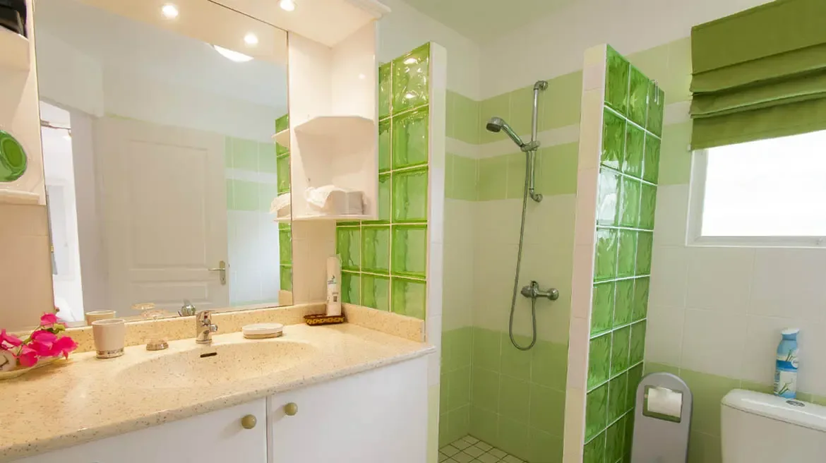 Lime-green horizontal stripes and a translucent glass block partition create an invigorating tropical retreat. The open walk-in shower and expansive mirror flood the space with natural light—a cheerful start to every island morning.