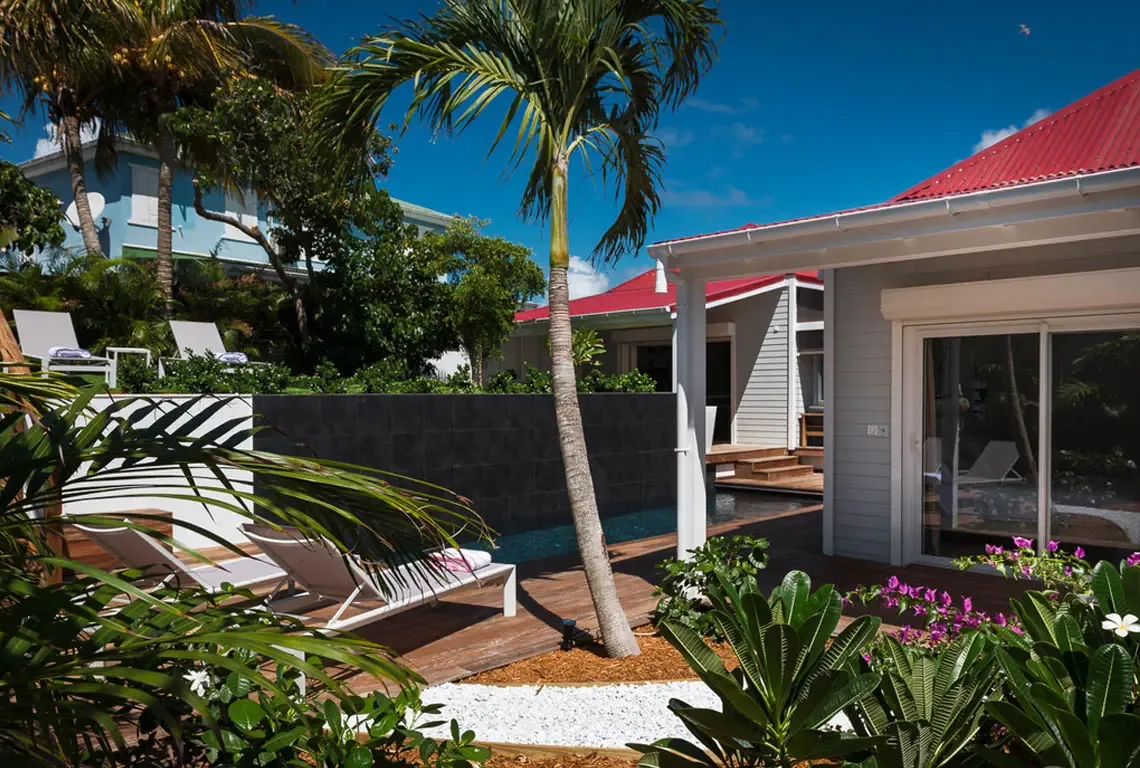 A sun-drenched wooden patio surrounds a small dark-tiled pool, where two white loungers with grey cushions await. A tall palm tree rises from the center while lush plants and flowers frame the scene—peace and relaxation under a clear blue sky.