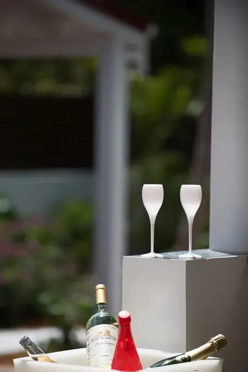 Wine and champagne bottles chill in a white bucket while two elegant stemmed glasses stand ready on a grey pedestal. Purple flowers and lush greenery blur in the background—your welcome celebration awaits on the sunlit terrace.