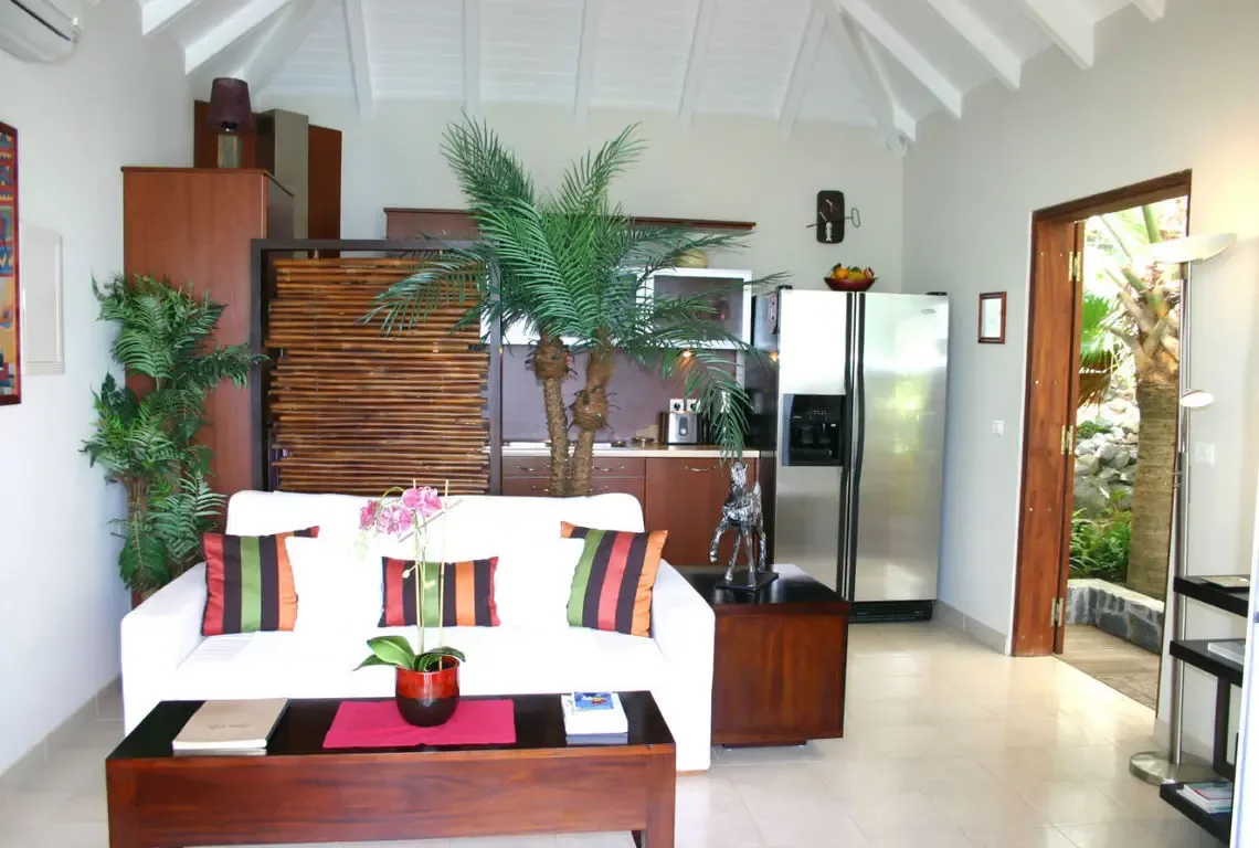 White vaulted-beam ceilings soar above this open-concept living space where a white sofa with vibrant striped pillows faces a dark wood coffee table topped with a pink orchid. A bamboo divider separates the fully-equipped kitchen while a wooden door opens to palm trees—tropical modern living at its finest.
