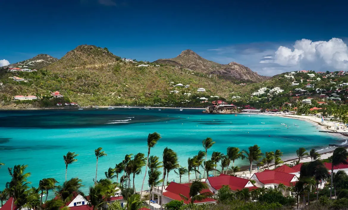 Red-roofed villas nestle among leaning palm trees along a crescent bay, where turquoise water transitions to deep blue and white houses dot green hills beneath puffy clouds.