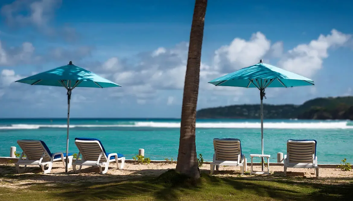 Two pairs of white loungers under turquoise umbrellas sit on sand between palm trees, where turquoise water and green hills complete a symmetrical beachfront paradise.