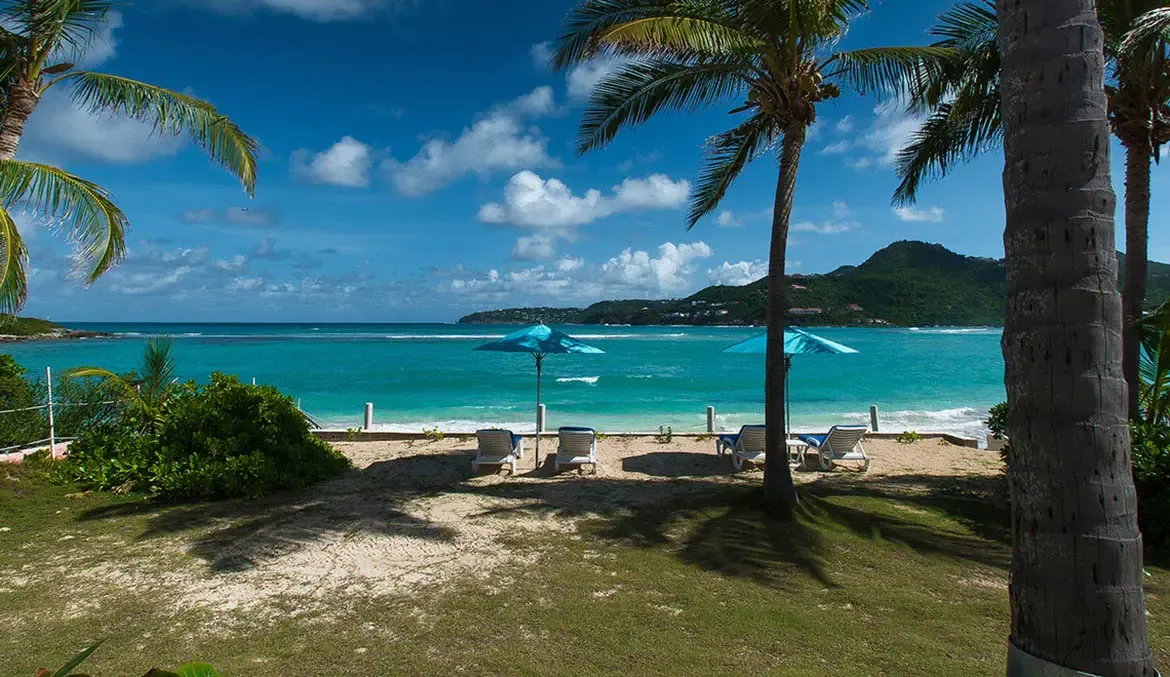Palm trees frame turquoise umbrellas and white loungers on a sandy lawn, where a white fence and calm turquoise bay lead to lush green mountains under puffy clouds.