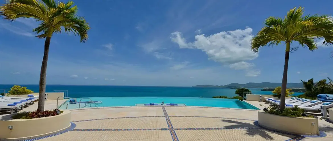 Tall palms in planters flank a turquoise infinity pool where rows of white loungers with blue towels face distant green islands across a sapphire ocean.