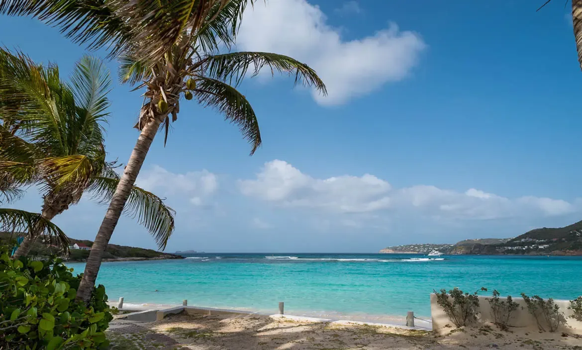 Tall palms frame a white sand beach and turquoise bay, where a yacht anchors near distant hills dotted with white villas under a bright blue sky.