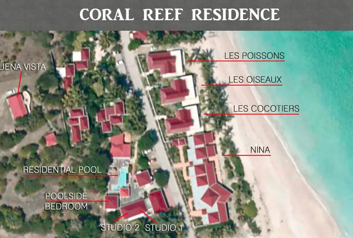 An aerial site map shows the Coral Reef Residence compound, where Nina sits beachfront alongside Les Oiseaux and Les Cocotiers, with a residential pool and studios among tropical greenery.