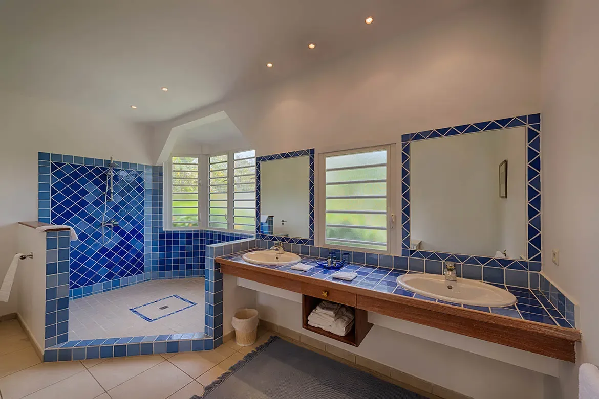 Cobalt blue tiles wrap a double vanity with a thick wood edge and oval sinks, where a walk-in shower with blue diamond tiles opens beside louvered windows.