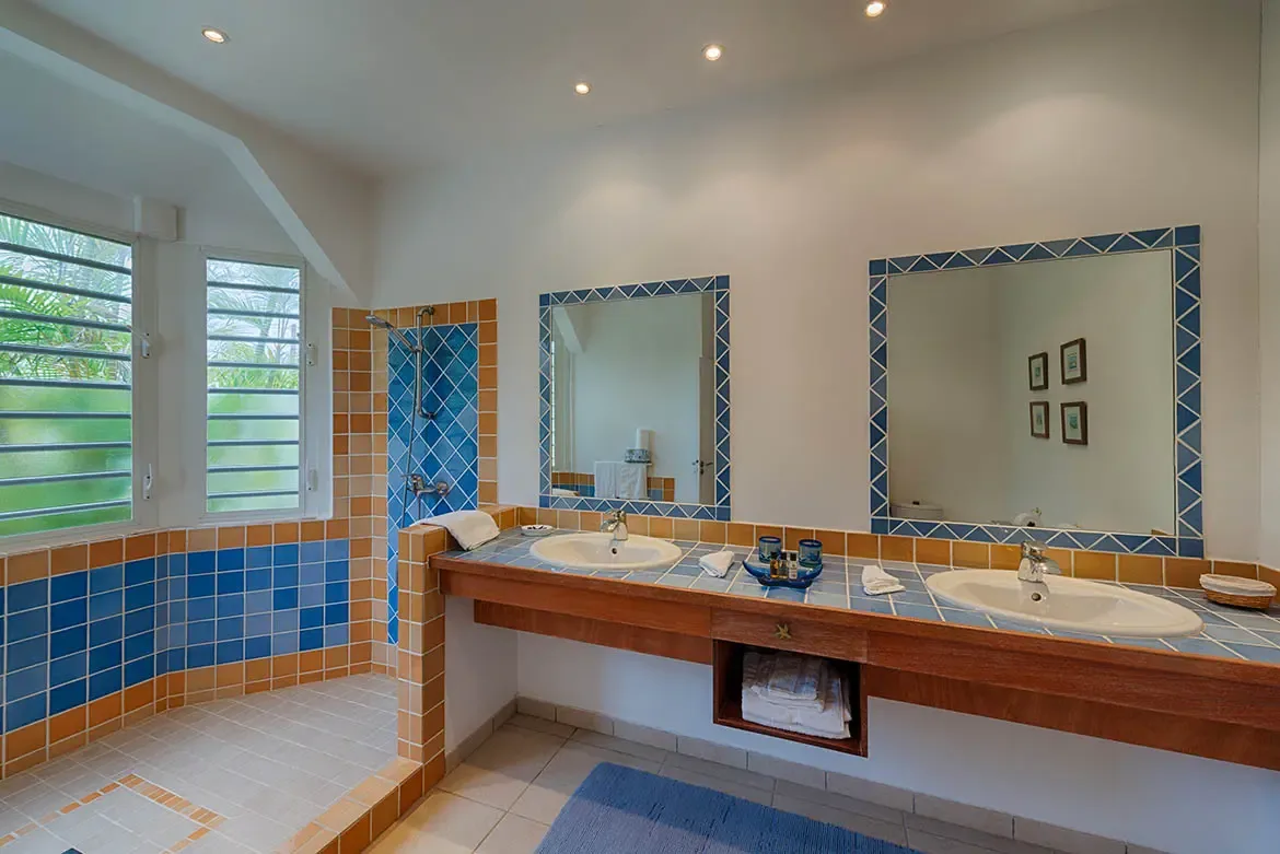 Blue and white patterned tiles cover a double vanity with oval sinks and framed mirrors, where a walk-in shower with blue-and-terracotta diamond tiles glows beside louvered windows.