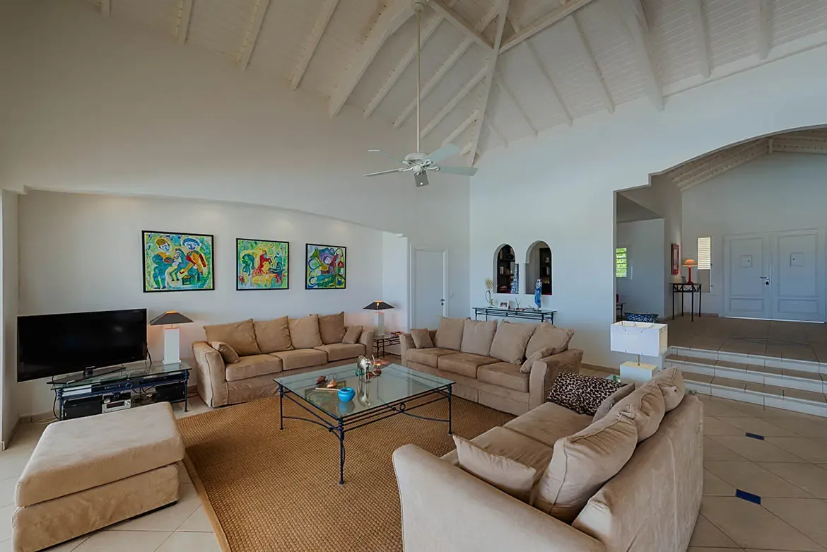 Tan sofas with leopard pillows sit on a sisal rug under a vaulted beamed ceiling, where three vivid abstract paintings in blue and yellow warm the neutral space beside arched display niches.