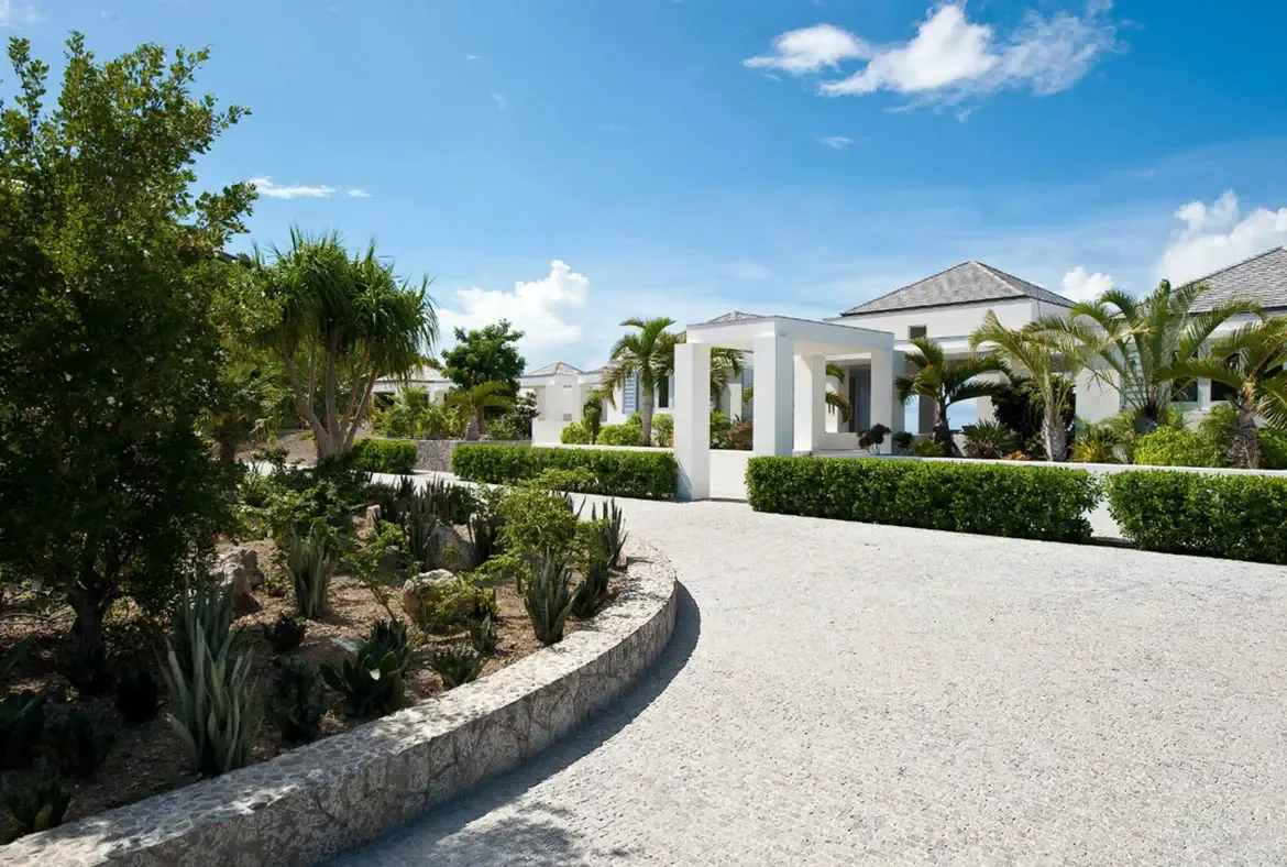 A winding gravel driveway curves through manicured hedges, succulent gardens, and agave plants beneath tall swaying palms. A white columned gatehouse frames the contemporary villa beyond—arriving at Villa Olive feels like entering a private tropical estate.