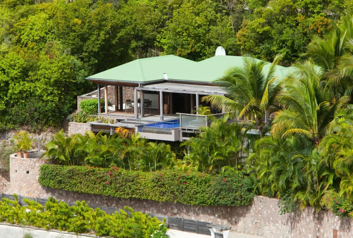 A contemporary villa with a green roof and open-air living spaces perches on stone terraces carved into lush tropical hillside. Dense palms and flowering shrubs envelop the property while a rectangular pool glimmers on the elevated patio—where modern architecture disappears into the jungle.