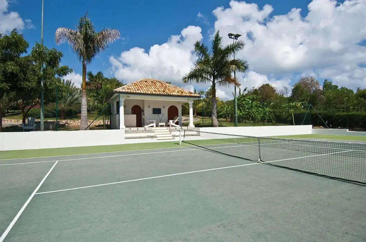 A green hard court with white lines sits between palm trees, where a terracotta-roofed cabana with arched openings provides shade above stone steps.