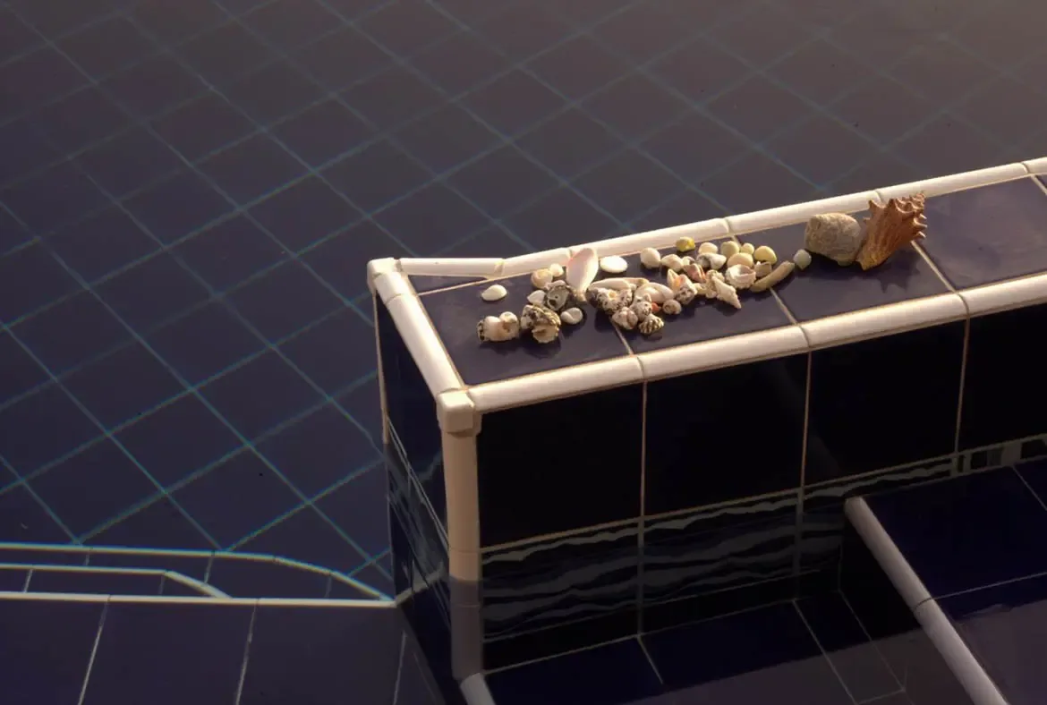 A row of collected seashells rests on the white coping of a midnight-blue tiled pool, where still water mirrors the geometric grid in a quiet moment of tropical calm.