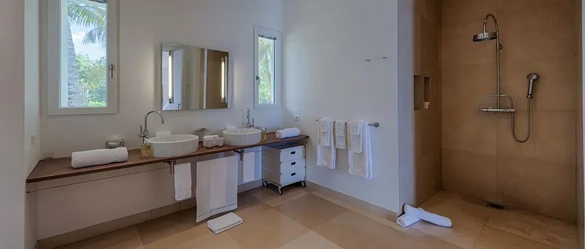 Two white vessel sinks on a dark wood vanity sit beneath a lit mirror and vertical strip lights, where a walk-in shower with tan tiles and a rainfall head opens beside palm-framed windows.