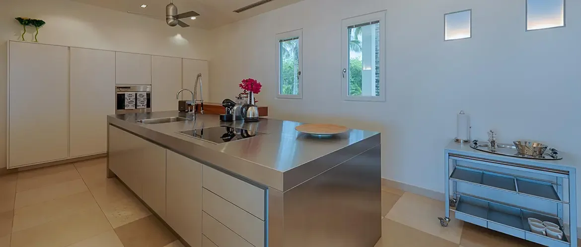A polished stainless steel island with an integrated sink and induction cooktop anchors a white-cabinet kitchen, where pink bougainvillea and an espresso machine add warmth beside narrow garden windows.