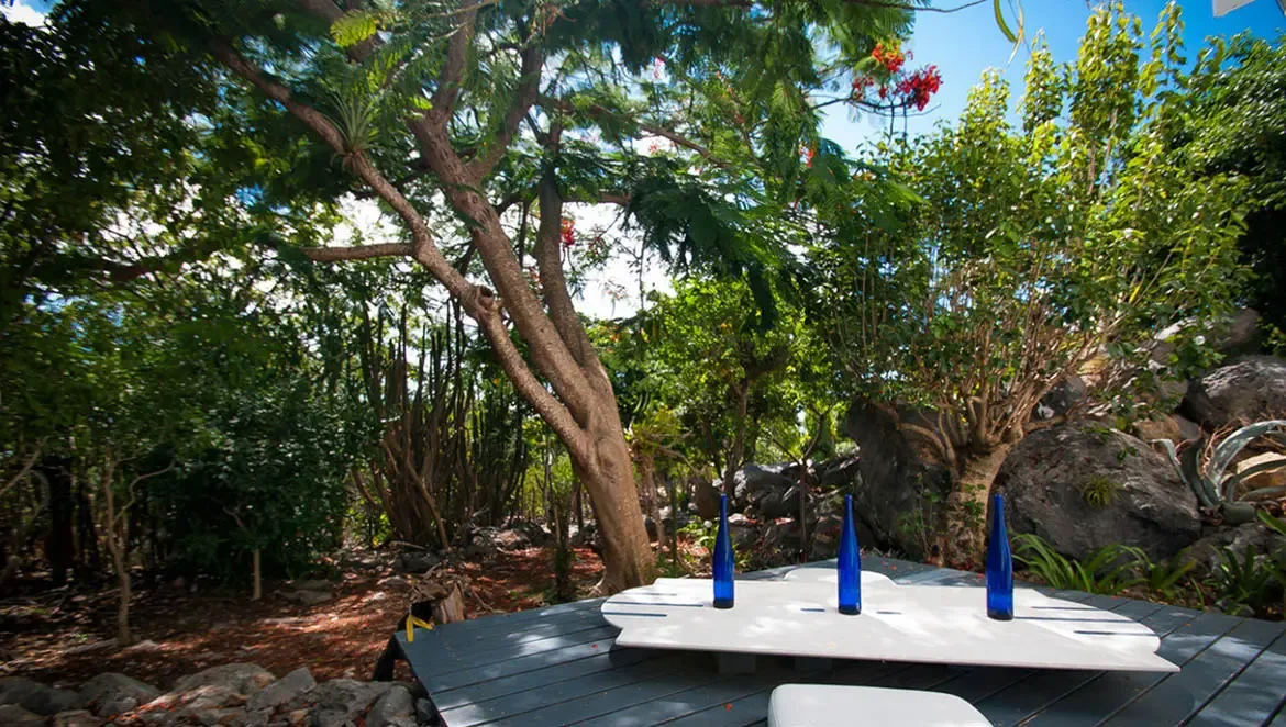 Dine beneath the sun-dappled canopy of Villa Byzance's lush tropical garden, where vibrant greenery and serene outdoor surroundings create an intimate setting for unforgettable meals. This secluded deck blends modern elegance with St. Barths' natural beauty, offering a private escape for luxurious al fresco gatherings.                                                                                                                                                                             +
 