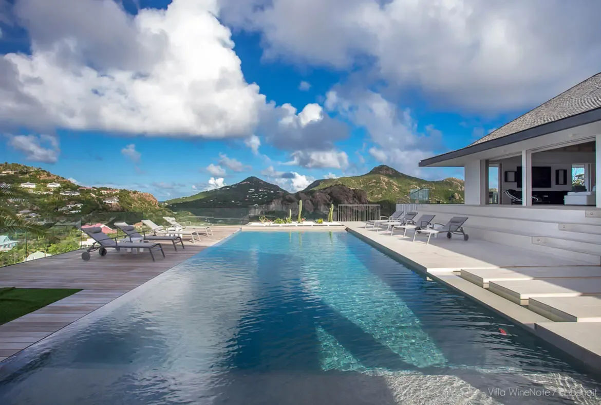 An infinity pool with turquoise water sits between a wood deck and a stone terrace, where grey loungers and a cactus garden overlook a lush bay with rolling green mountains.
