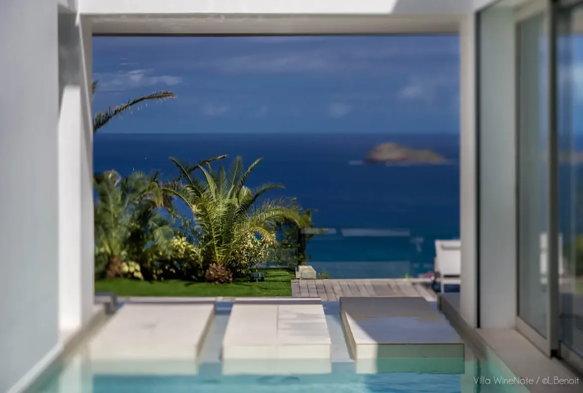 White stone stepping stones float across a turquoise reflection pool beside a white villa, where palm trees and a glass railing frame a deep blue ocean with a distant island.