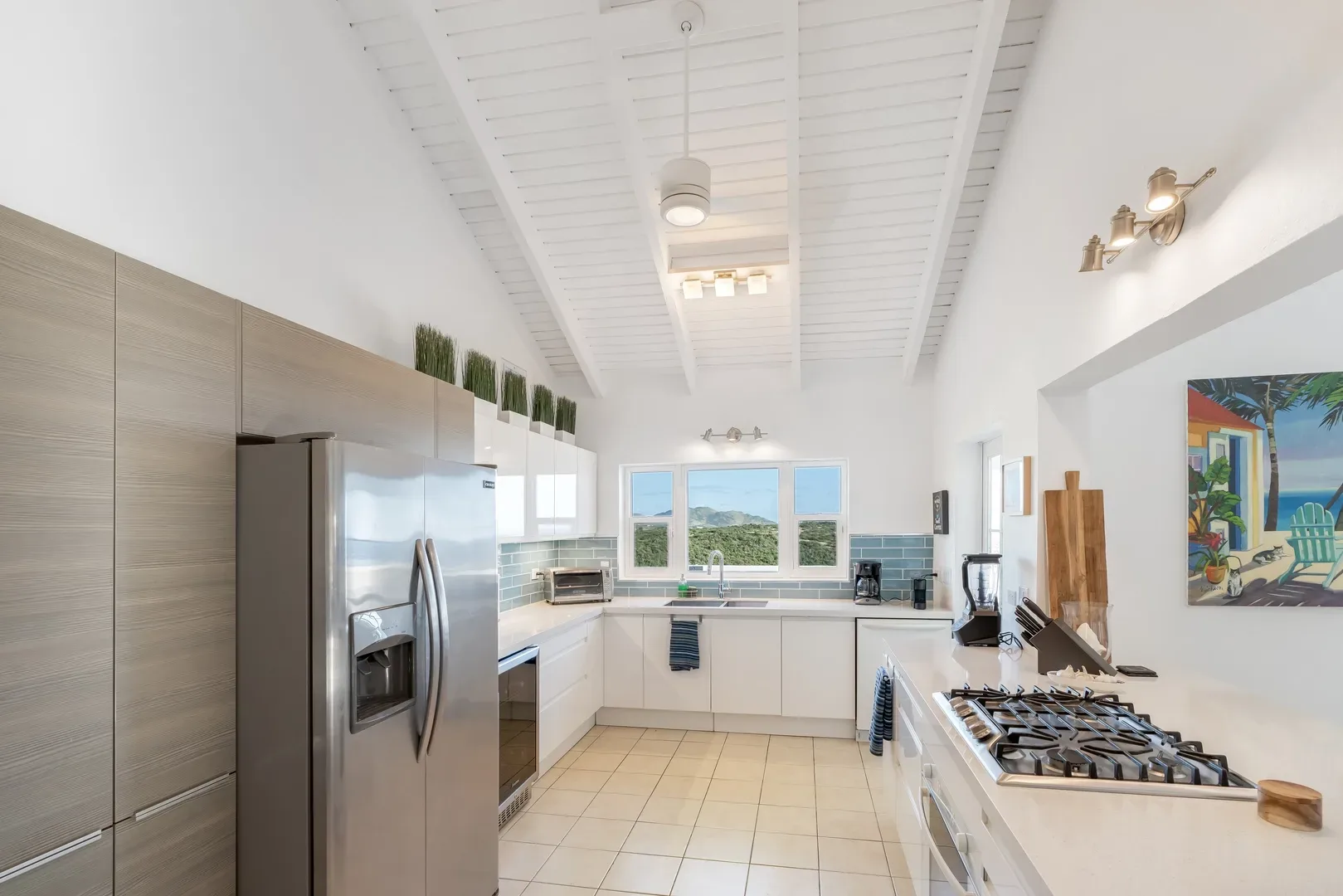 Modern kitchen in St. Maarten villa with stainless steel fridge, white cabinets, gas cooktop, mountain view through windows, and colorful beach-themed artwork on the wall