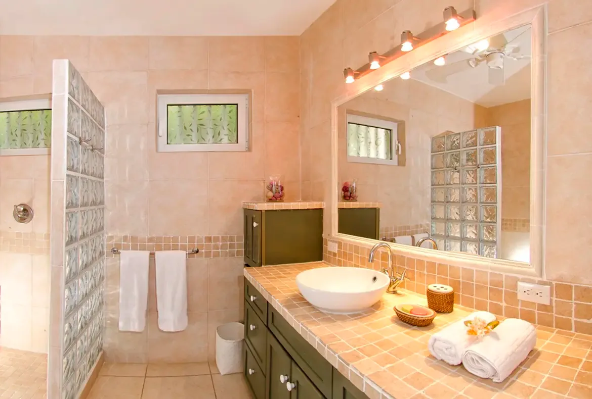 Thoughtful bathroom details with warm lighting and elegant glass block accents.