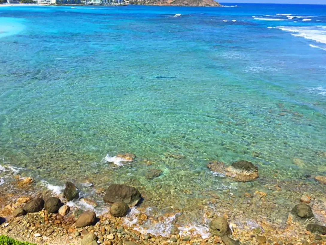 Rocky shoreline meets impossibly clear turquoise water —