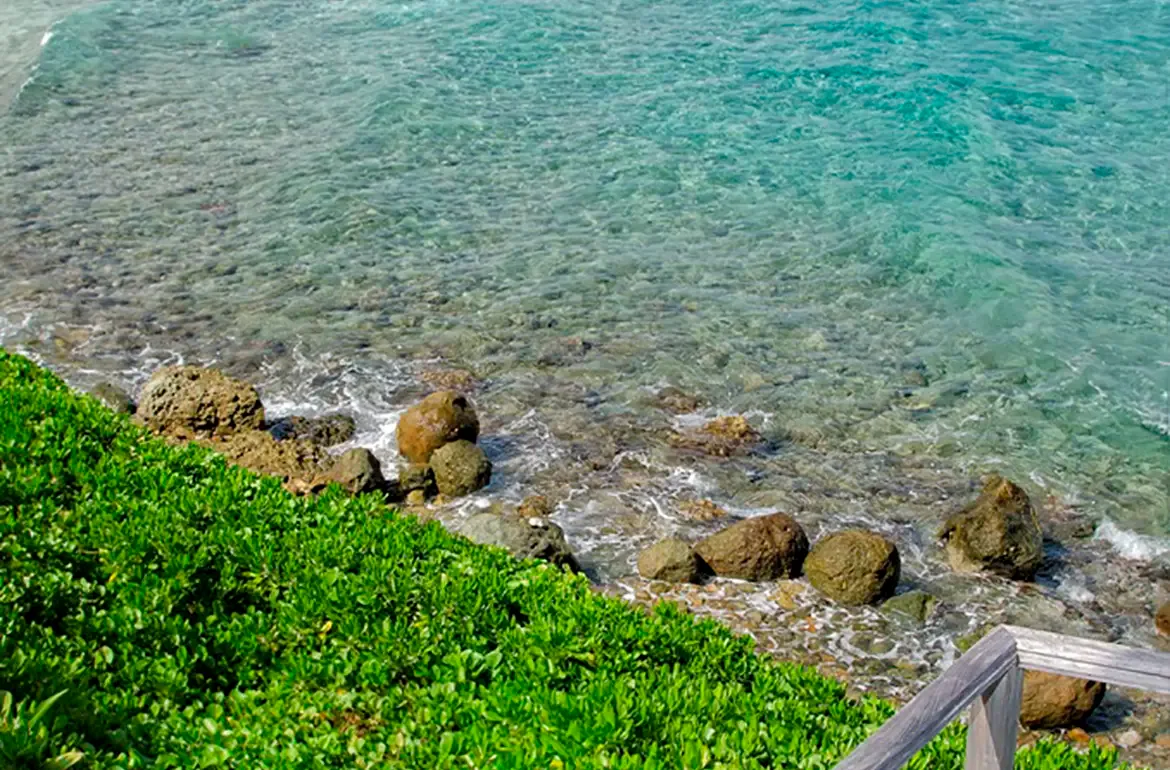 Dramatic rocky shoreline with crystal-clear waters and lush tropical vegetation at every turn.
