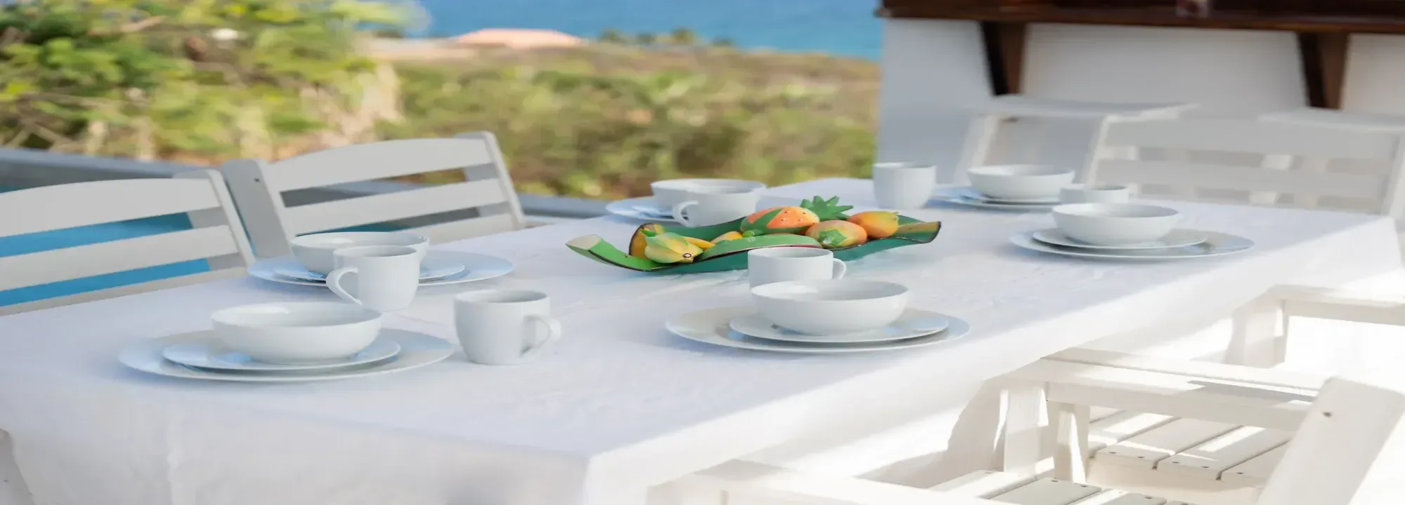 White outdoor dining table set with ceramic dishes and a centerpiece of tropical fruits, overlooking a scenic coastal view
