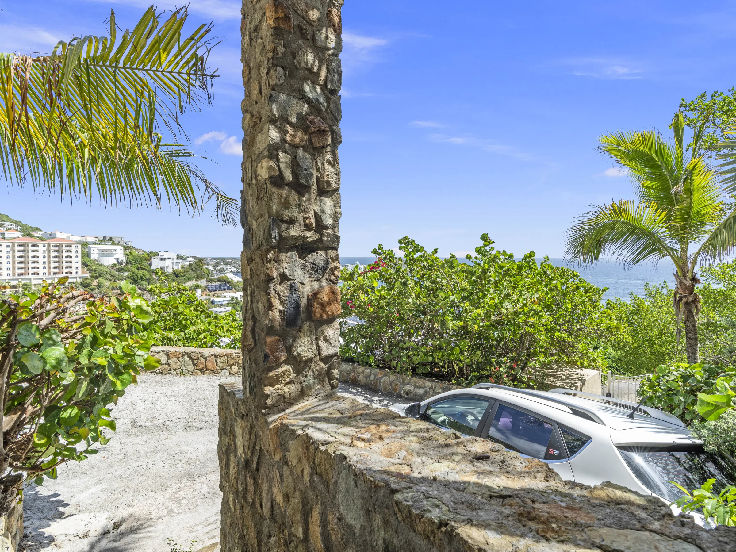 Apartment exterior access and surrounding landscaping