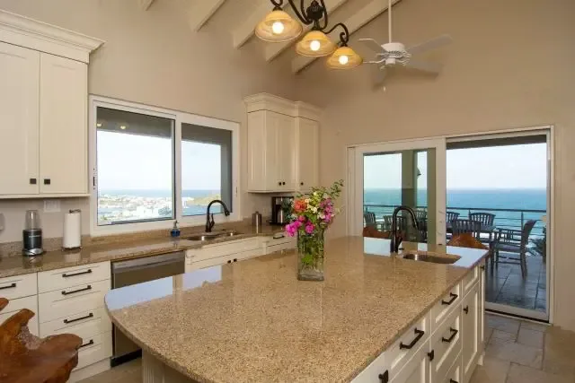 A modern kitchen with white cabinets and a central island featuring a sink, blender, and coffee maker. Fresh flowers in a vase add a touch of Caribbean elegance, while sliding doors open to the patio and ocean views beyond.                                                                                                                                                                                                                                                                                              +
 