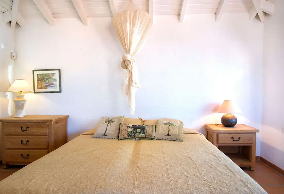 Bedroom with textured bedspread and animal pillows — white canopy frames the peaceful retreat under vaulted ceiling.