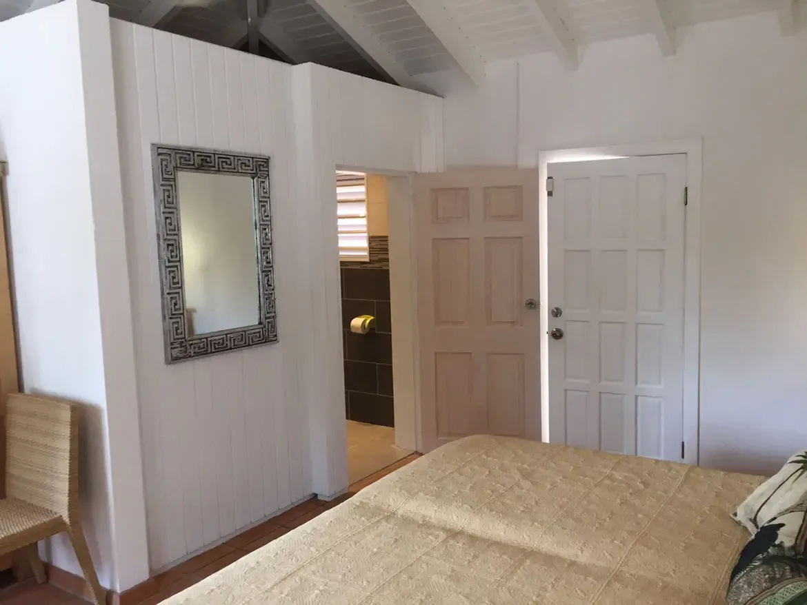 Bright bedroom with ensuite access — woven chair and silver mirror complete the serene retreat.