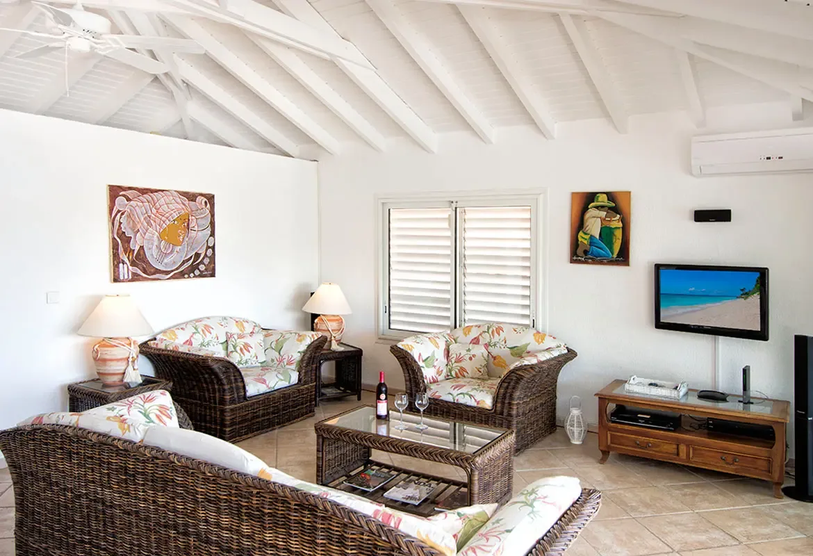 Bright living room with tropical print cushions and vaulted ceiling — the beach scene on TV echoes the paradise outside.