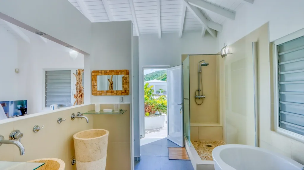 Bathroom with shower alcove, vanity, and tropical window view