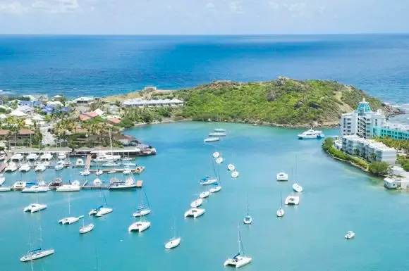 An aerial view captures the vibrant harbor filled with boats and catamarans, surrounded by coastal homes and lush green hills rising to meet the ocean.                                                                                                                                                                                                                                                                                                                                                                 +
 
