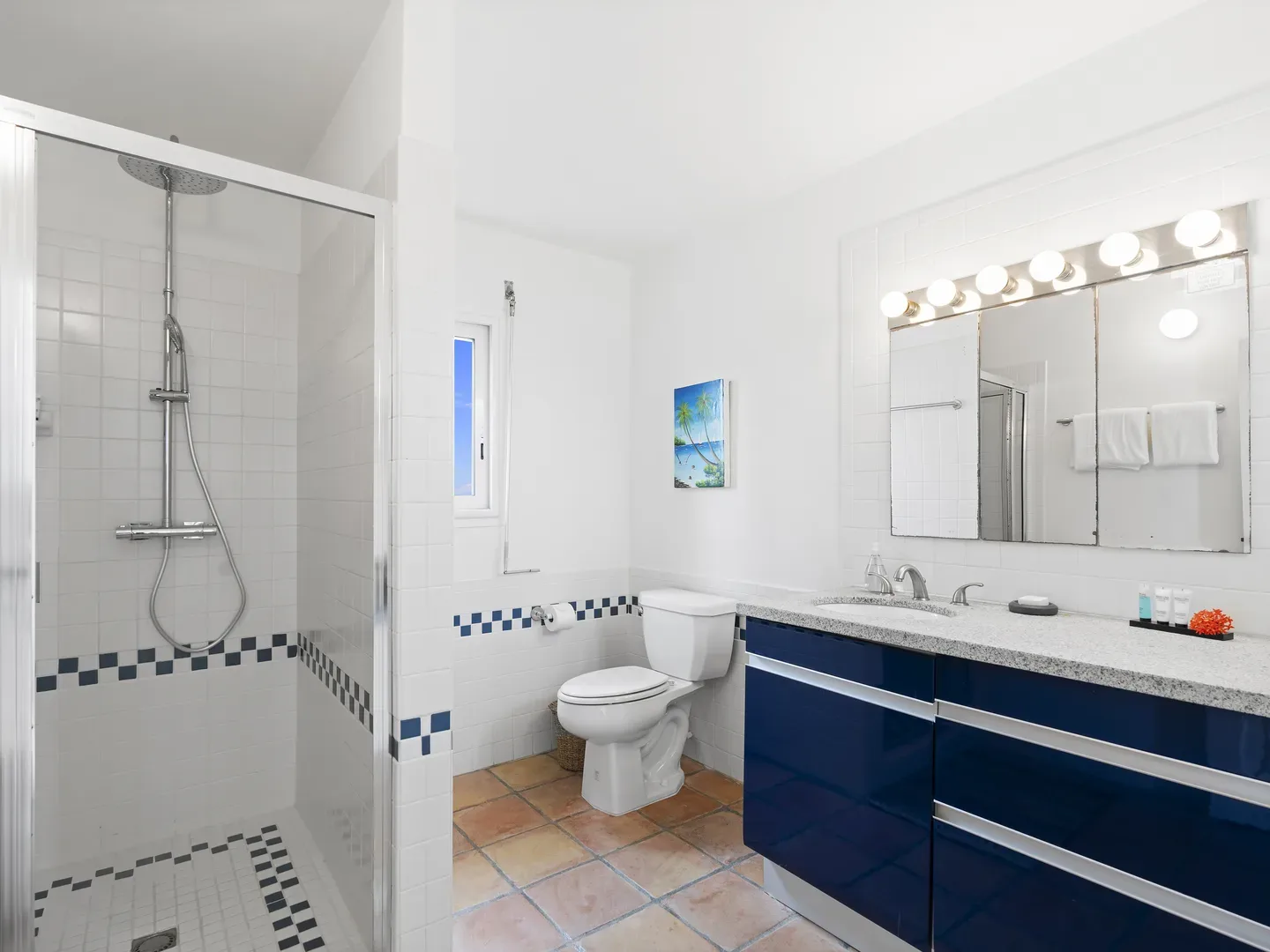 Modern bathroom with glass-enclosed shower, white toilet, dark blue vanity, and lighted mirror
