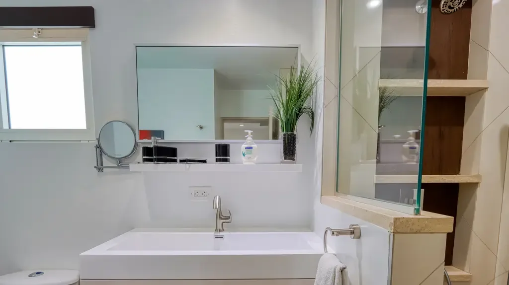 A modern bathroom features a white trough sink, large rectangular mirror, decorative plant, and glass-enclosed shower with built-in shelving.