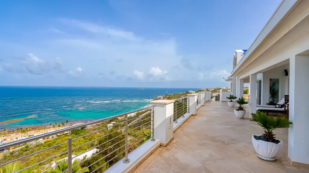 An expansive stone terrace with stainless steel railings offers panoramic ocean views and potted tropical plants.