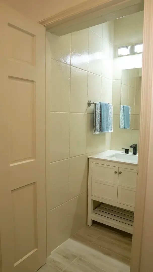 Bright bathroom with Mediterranean touches — get ready for a day at the beach.