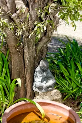 Garden detail with a tranquil Buddha statue adding a peaceful island touch.