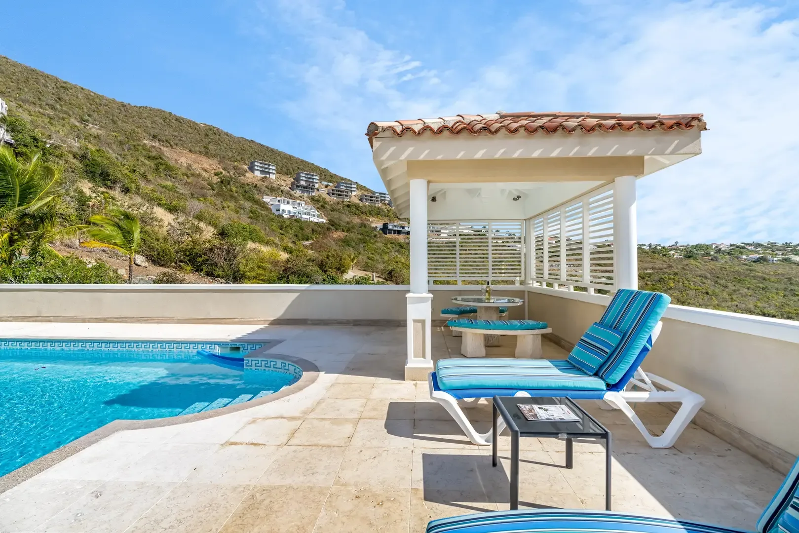 Your private pool terrace with shaded gazebo — relax in the Caribbean hillside breeze.