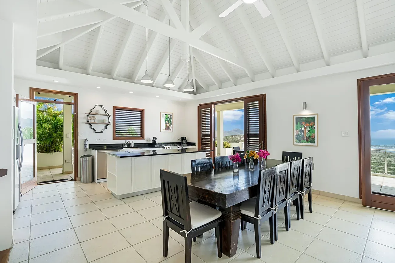 Open-concept kitchen and dining area with ocean views, white vaulted ceiling, dark wood dining table, and tropical scenery